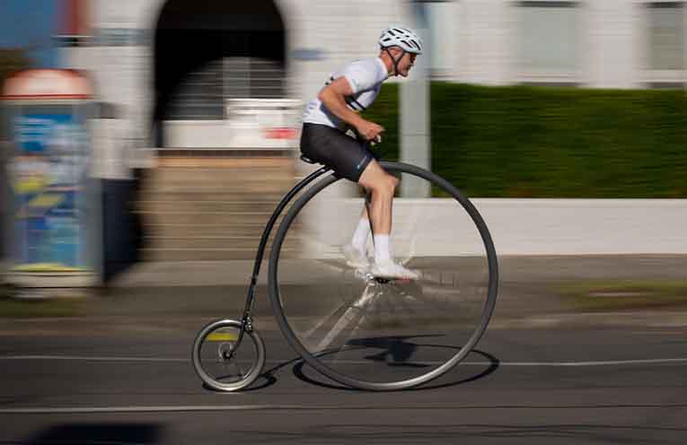 Singleton’s Nic McLaughlin in his convict outfit on a Penny Farthing made by Phil Jurd.