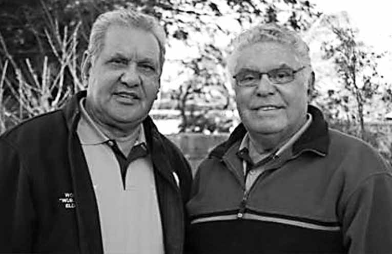 John Ridgeway and Neville Lilley were raised in the Karuah Mission and spent many hours working in oyster sheds throughout Port Stephens. Photo: Supplied by John Clarke.