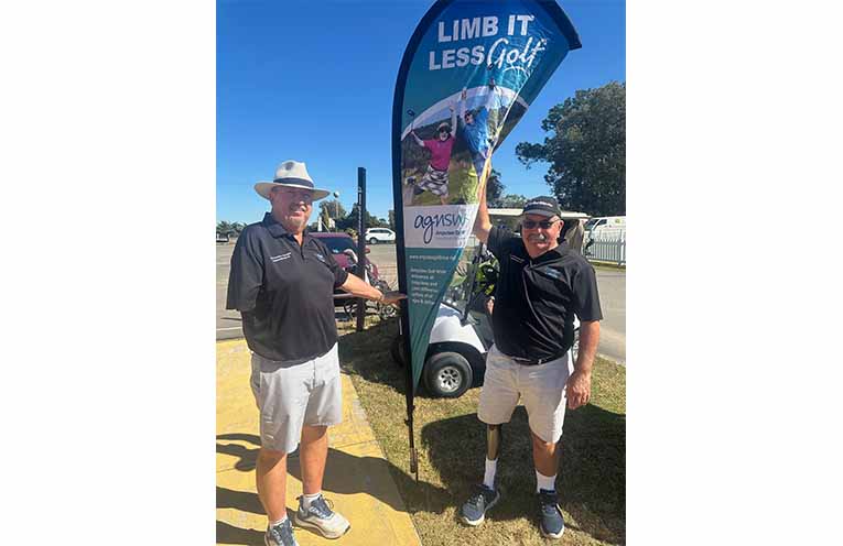Amputee Golf NSW Secretary Mark Ellis (left) with 2026 NSW Amputee Open winner Chris Wood. Photo: Althea Guinsberg.