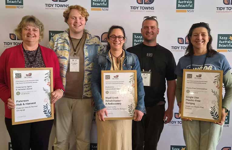 Julie Overton, Paterson; Cr James Campbell, Dungog; Samantha Bean and her partner Liam Thom, Clarence Town; Michelle Dado-Millyn, Dungog, receiving Keep Australia Beautiful Tidy Towns Awards 2026. Photo: Supplied by Julie Overton.